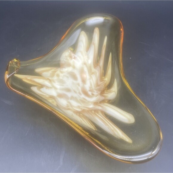 VTG Murano Amber W/ Gold & White Feather Glass Bowl W/ Folded Edge 12” - Picture 3 of 7